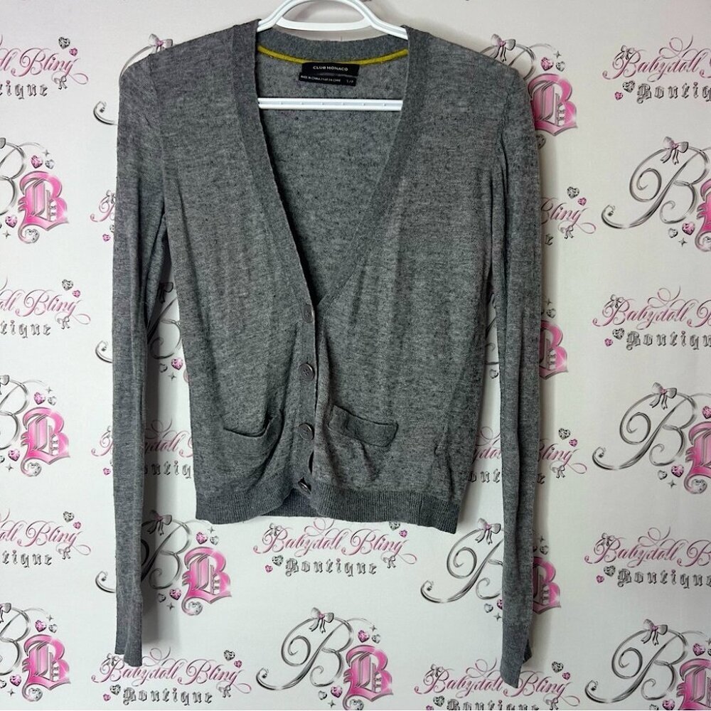 Club Monaco Gray Cardigan Sweater Lightweight V-Neck wool